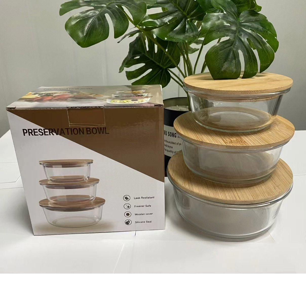 Round Bamboo And Wood Cover Glass Crisper 3-Piece Rectangular Bamboo Cover Low Borosilicate Crisper Wholesale Rs-201881