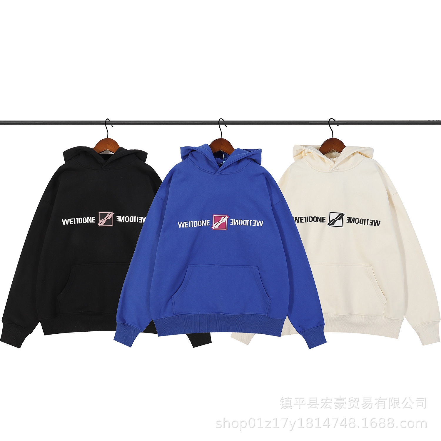23SS新款WE11镜像皮标徽章连帽卫衣男女同款帽衫韩版长袖帽衫上衣