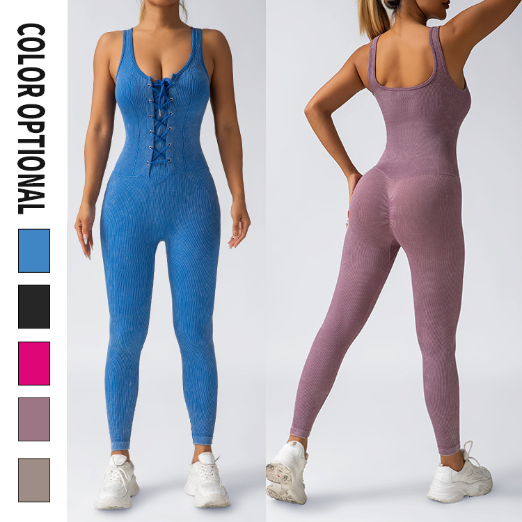 New European and American cross-border yoga jumpsuit, threaded fitness sports long pants, sexy backless jumpsuit, yoga wear for women details Picture