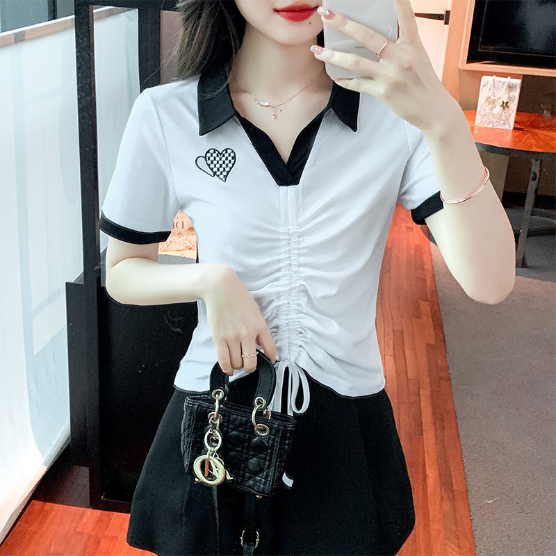 Wool frame with 60% cotton, Korean polo collar short-sleeved women's T-shirt, cross-border new Korean style ins base layer mini shirt Application Scenario