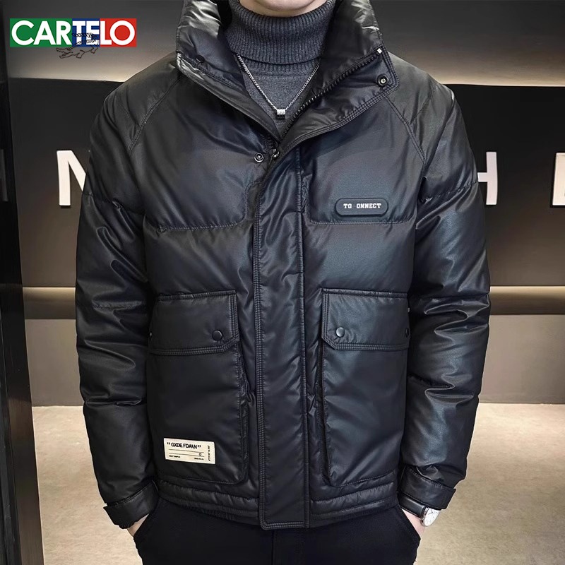Xingmeng high-end down jacket for men, short stand-up collar pu leather top for winter, warm white duck down jacket for men details Picture