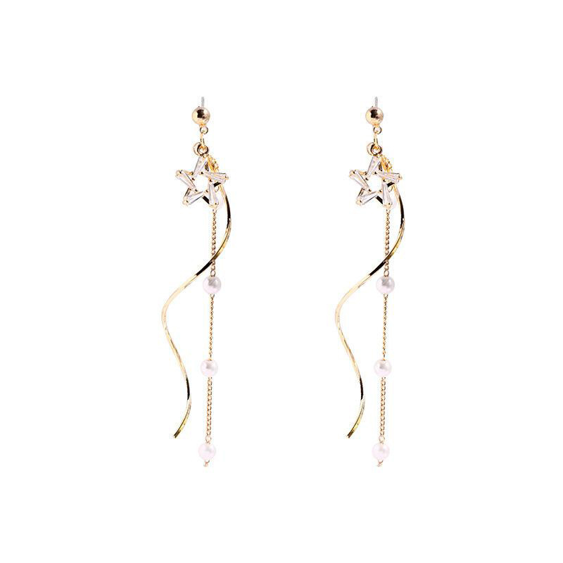 New Face Slimming Five-Pointed Star Earrings For Women Long Temperament Network Red Fringe Earrings Drop Wavy Ear Line Star Earrings Item Picture