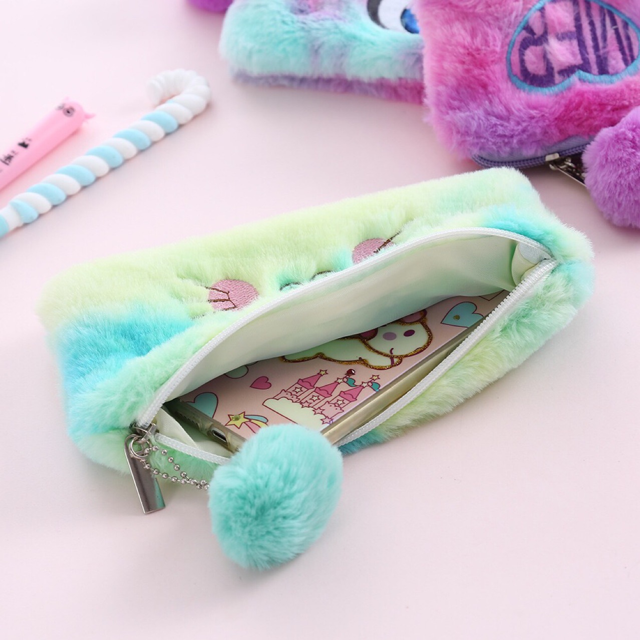 Winter plush pen case, student cartoon stationery storage bag, cute cat, furry cartoon girl, loose change and coin case Specification image