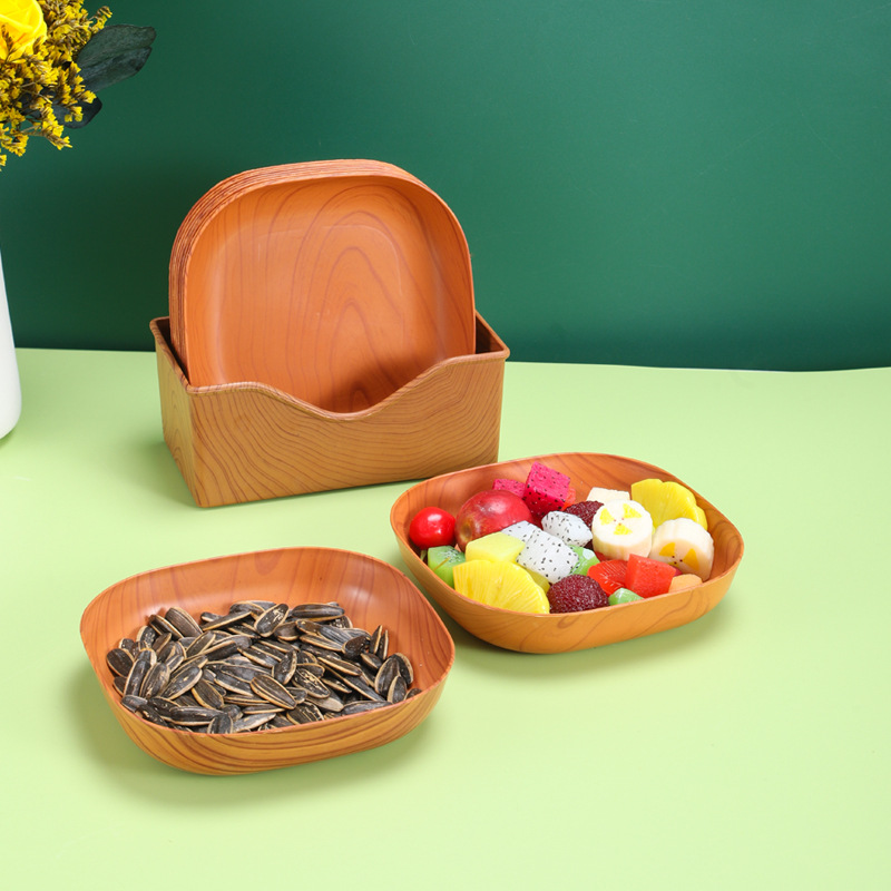 Wholesale of cross-border light luxury plastic, Japanese wood-grain imitation bone-spitting plates, household trays, snack and candy plastic plates from manufacturers details Picture