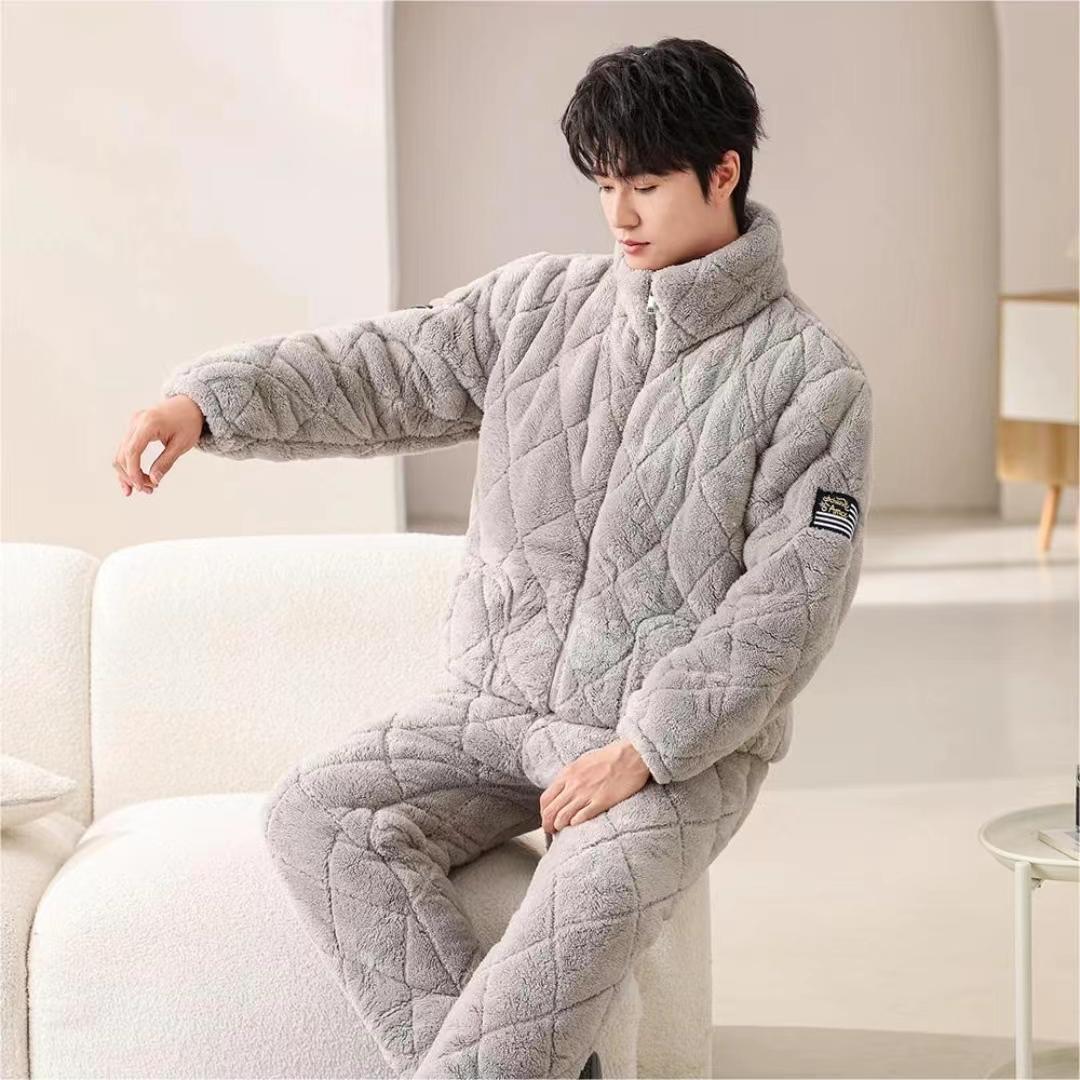Men's winter pajamas with thickened flannel three-layer cotton lining, warm cotton-padded jacket and cotton-padded jacket, men's home wear set