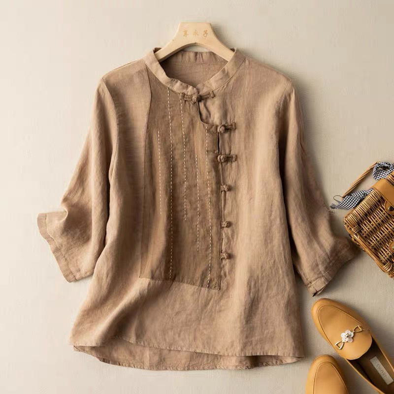 Chinese-style button-down cotton and linen top, women's shirt, three-quarter sleeve design, niche artistic, retro and ethnic style, versatile and trendy details Picture