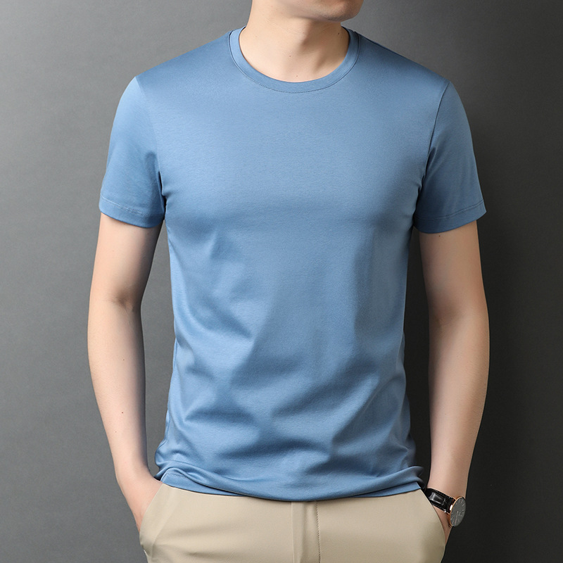 Liquid ammonia non-ironing mercerized pure cotton solid color round neck men's short-sleeved T-shirt, summer casual half-sleeved top, thin style T-shirt details Picture