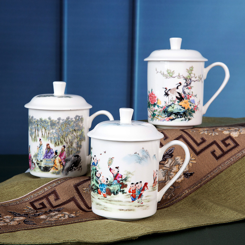 Bone China 570ml Jingbei household ceramic cup with lid, large-capacity water cup, office tea cup, conference cup, gift box set Specification image