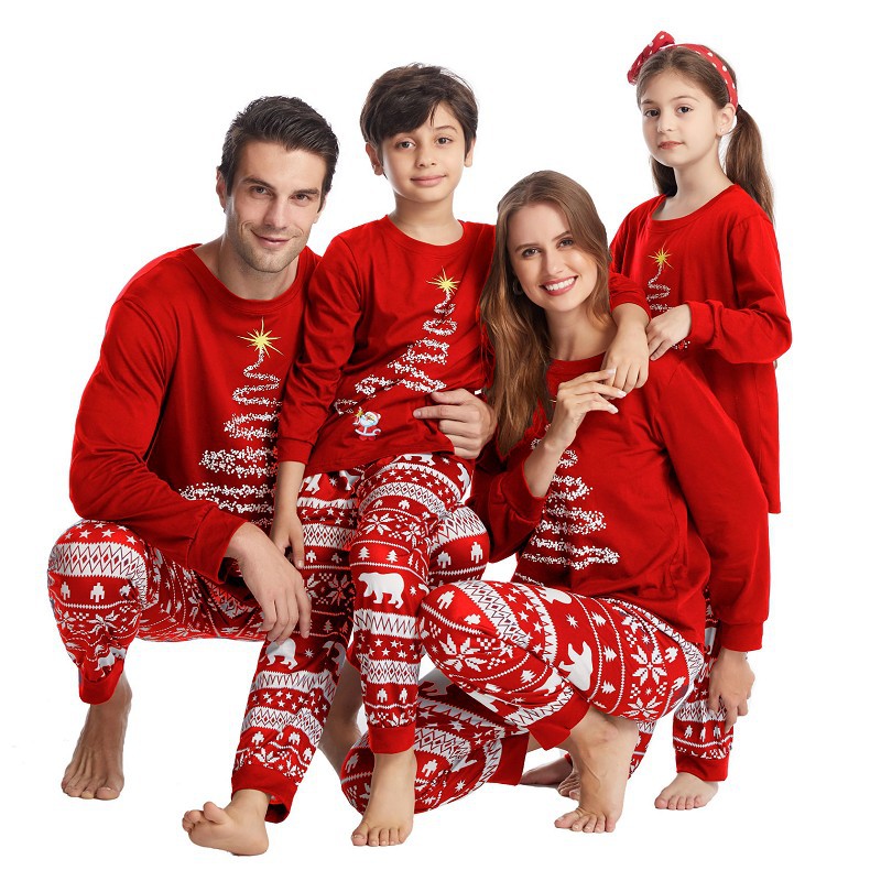 亚马逊新款亲子装 全家装欧美一家三口圣诞节全棉亲子服睡衣家居图