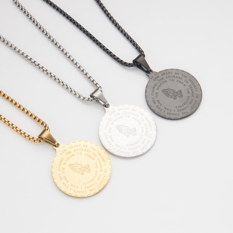 Amazon cross-border stainless steel round pendant necklace, steel prayer hand round pendant necklace, men's and women's accessories Specification image
