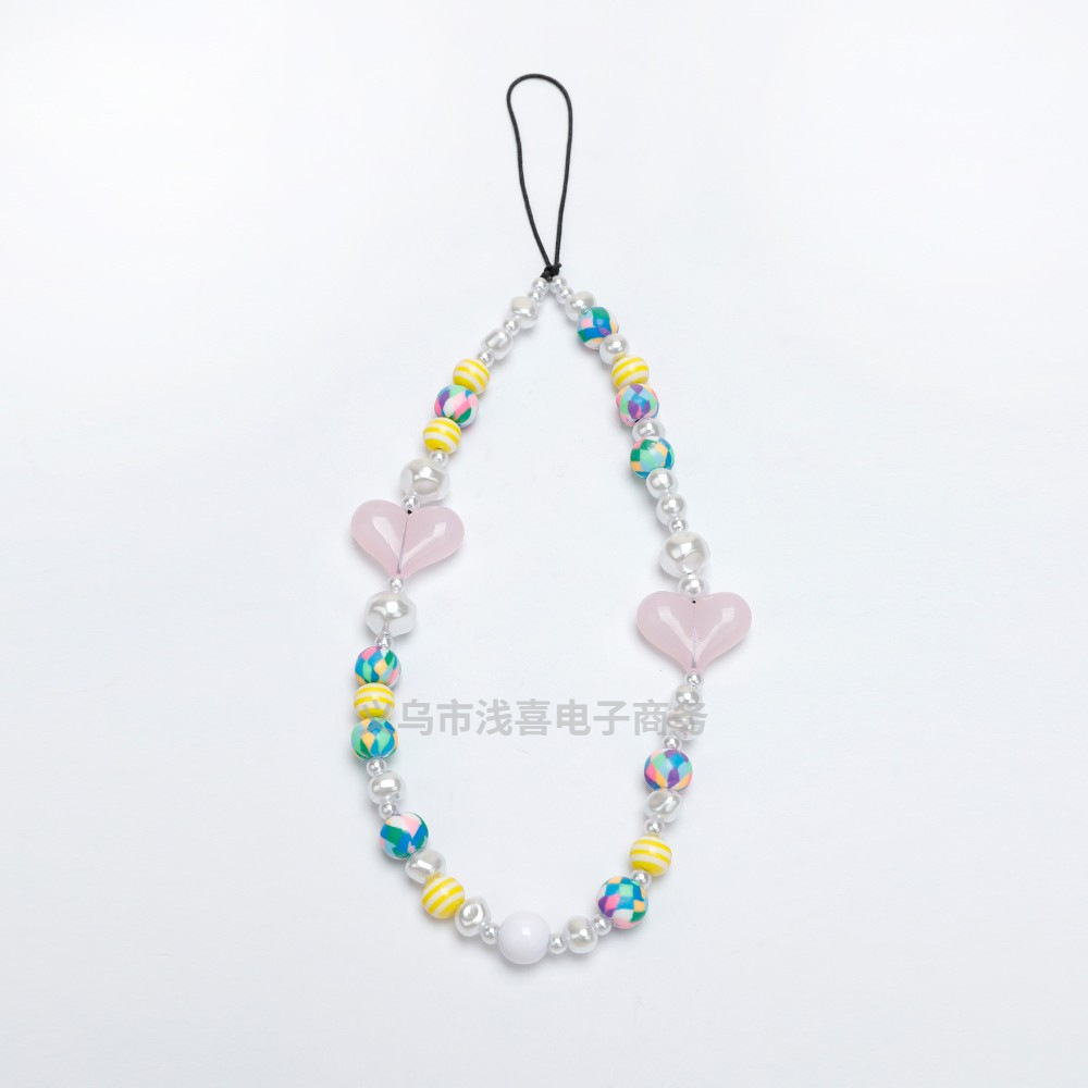 Park Chae-young's same style mobile phone chain, ins pink beaded pendant, heart-shaped heart pendant, lanyard, short wrist, Korean version for women Application Scenario