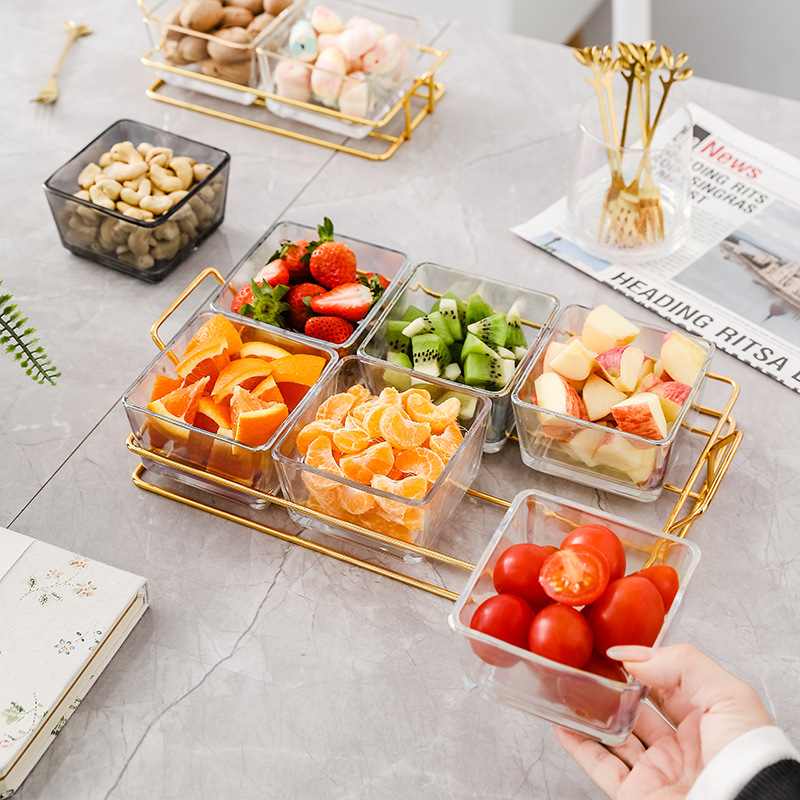 点心分隔拼盘玻璃水果盘客厅小吃盘子家用创意零食糖果分格干果盘