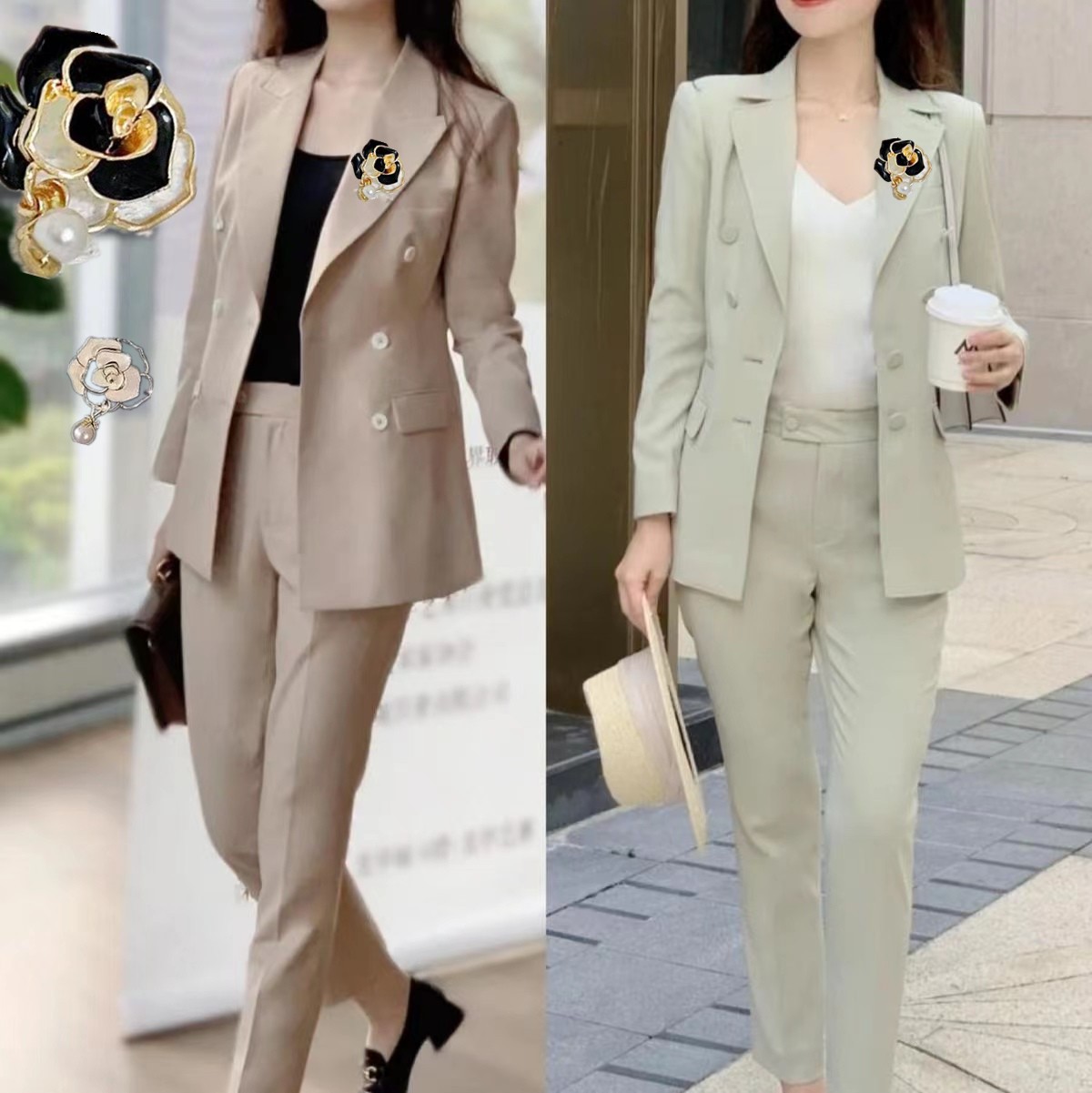 Premium sense perlas delicadas finas gotas de brillo aceite camelia broche pin versión coreana anti-apagón ropa accesorios venta al por mayor