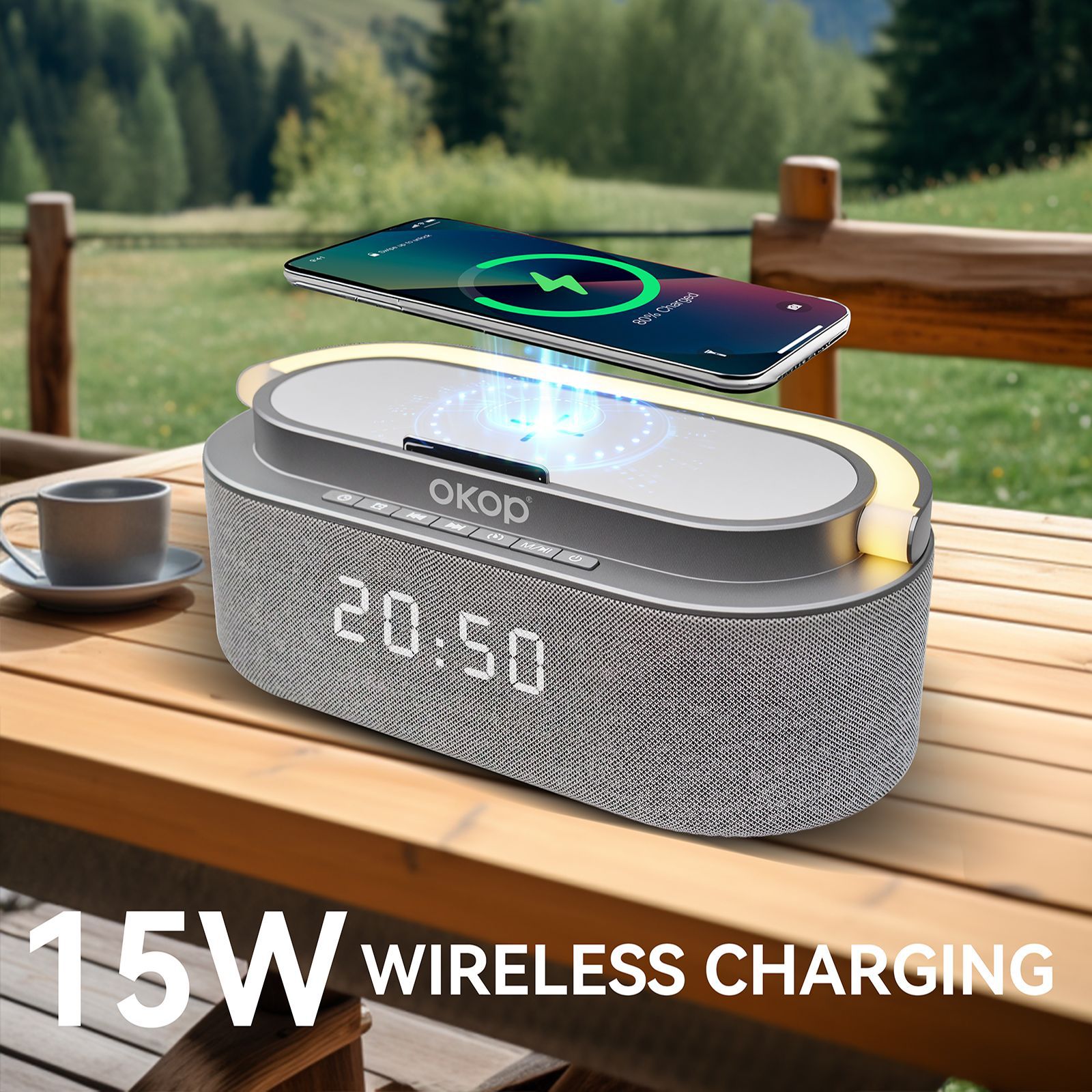578 Bluetooth speaker, desktop clock, alarm clock, 15W wireless charging for mobile phone, white noise, high sound quality, small speaker, cross-border pic 8