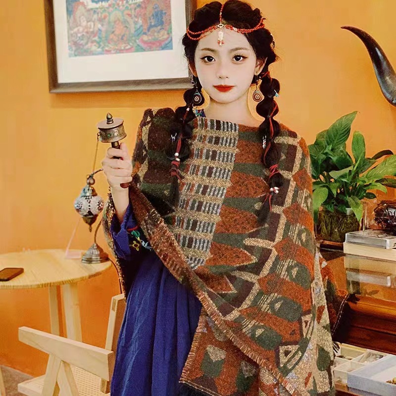 European And American National Style Shawl Female Xinjiang Tibet Travel Photo Wearing Outside To Take Sichuan Cape Dual-Purpose Scarf Female Winter