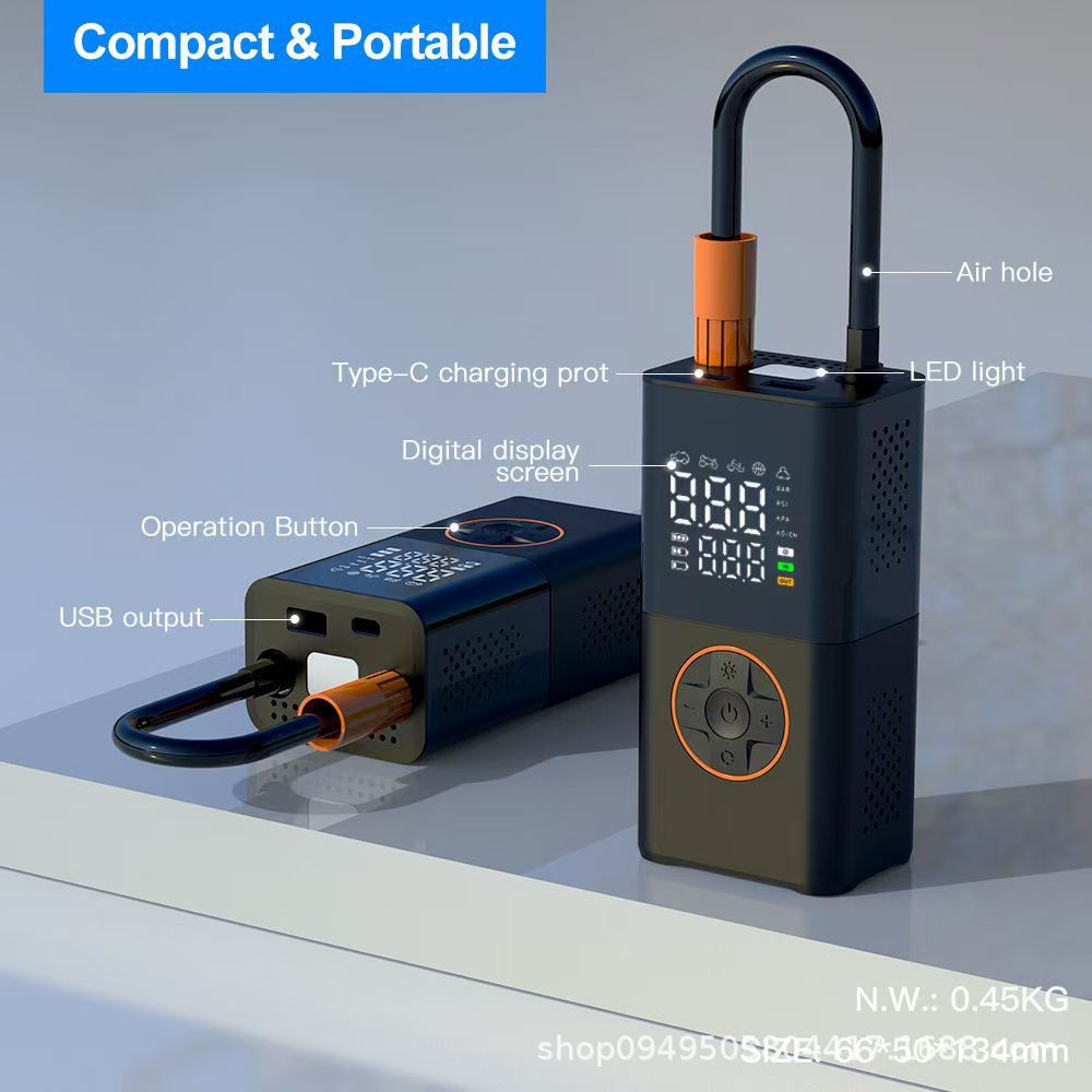 Portable mini self-propelled electric tire pump, handheld wireless charging digital dual-screen car air pump details Picture