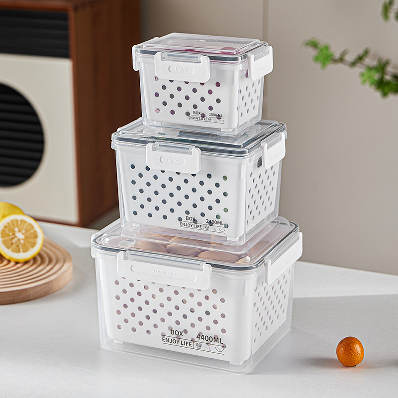 Household refrigerator preservation storage box with handle filter basket, multi-functional transparent preservation box set, dust-proof and sealed