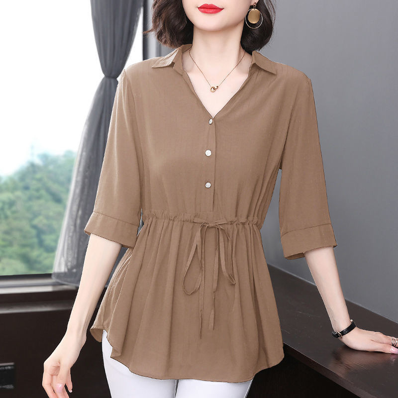 Fashionable plus-size women's spring and autumn new style, stylish cinched waist POLO collar half-sleeved top, Korean-style thin and versatile shirt