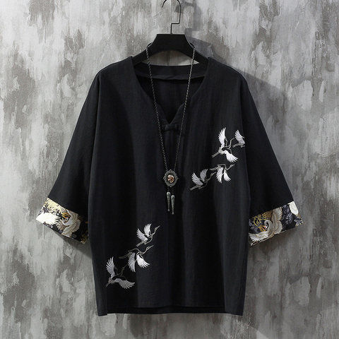 Chinese-style men's embroidered linen short-sleeved T-shirt, men's national trend five-sleeved small shirt, summer retro half-sleeved cotton and linen top Item Picture