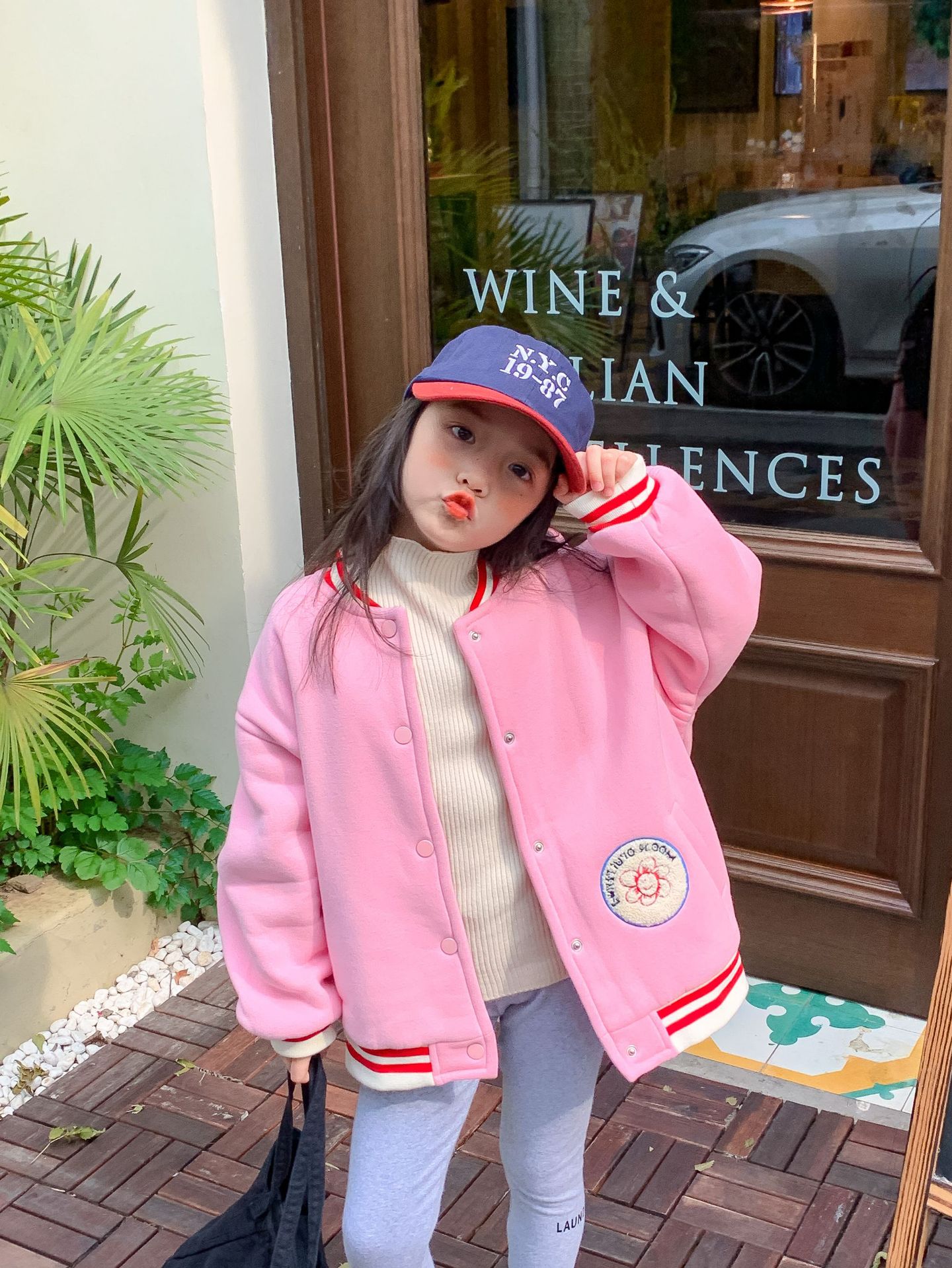 TCkids2022AW Autumn/Winter Edition fleece thickened embroidered label pink baseball jacket Specification image
