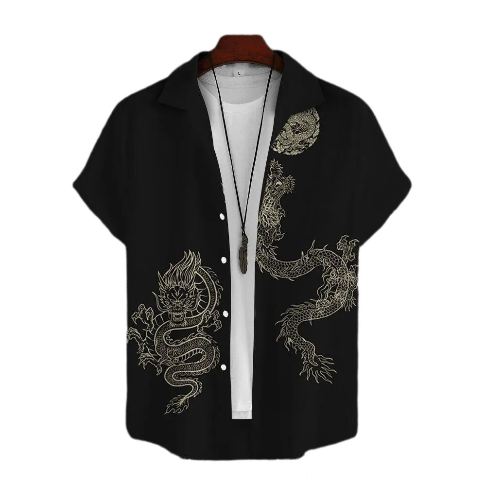 Chinese trend short-sleeved T-shirt, Tang suit, Chinese style, cross-border Chinatown dragon pattern, 3D printed red shirt for the zodiac year Specification image
