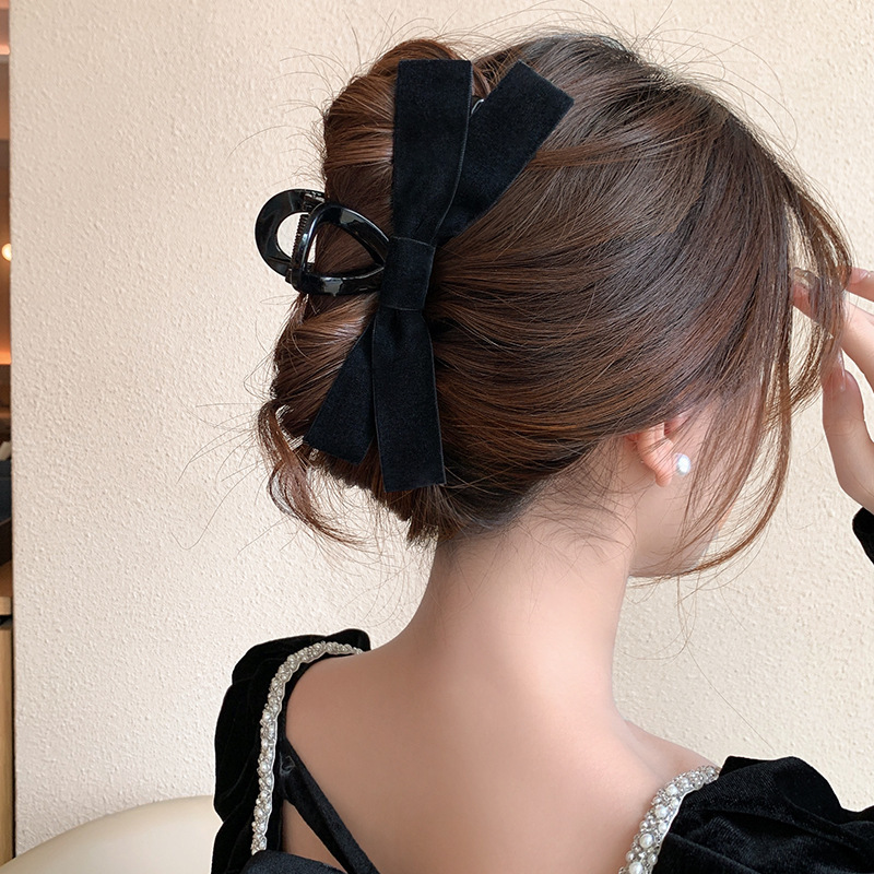 Hepburn Style Black Bow Grab Clip Women's Large Premium Hair Net Red Clip Back Head Shark Clip Headpiece Specification drawing