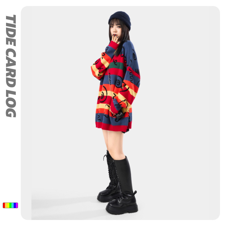 The new autumn and winter collection features round-neck, colorful striped couple sweaters. It is an original trendy brand high street loose and unisex quality knitted sweater Specification image