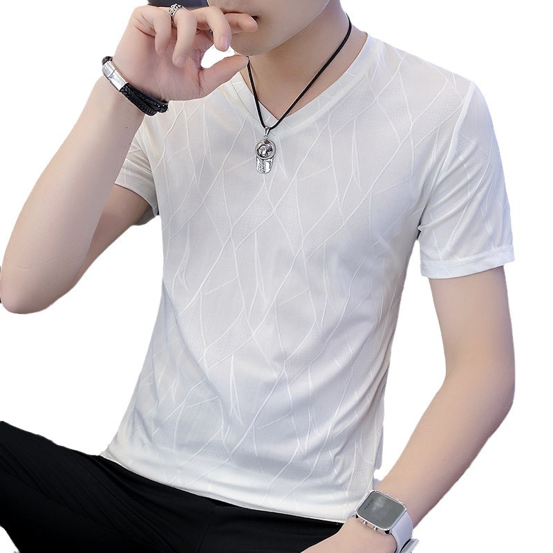 Ice Silk T-shirt for men, short-sleeved summer V-neck solid color, trendy youth wear with hollowed-out prints, men's T-shirt Item Picture