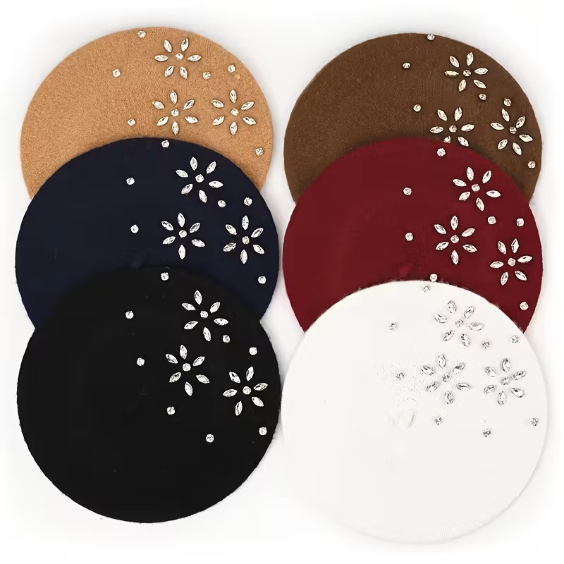 秋冬镶钻羊毛贝雷帽女韩版保暖时尚八角帽英伦复古韩版画家帽潮详情9