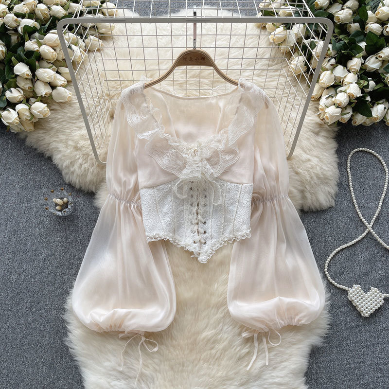French court-style lantern long-sleeved shirt for women, fashionable high-end chiffon shirt, sweet lace patchwork mesh top, trendy