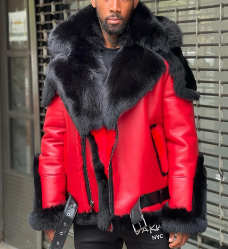 wish on AliExpress Independent Station: Enlarged and thickened fur collar, one-piece red men's leather jacket 6553 details Picture