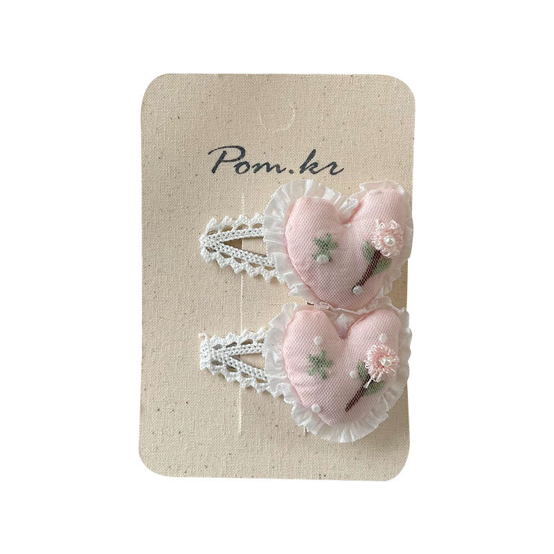New Korean-style sweet heart-shaped lace hairpin, embroidered side fringed bangs for girls, fabric children's hair band for girls Item Picture