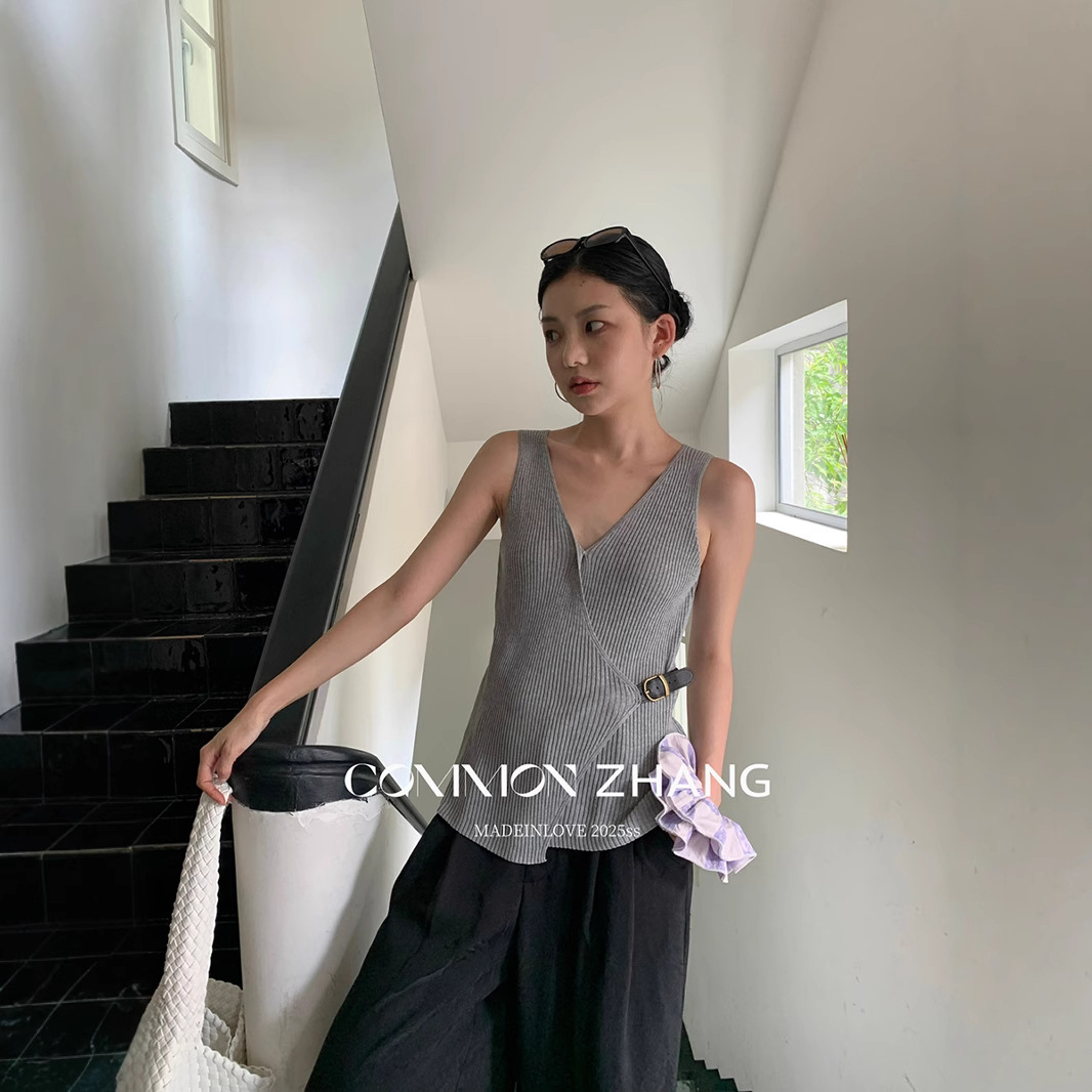 CZ ZHANG Summer Korean-style fashionable commuter striped concealed buckle belt cardigan V-neck vest sweater for women B25115 Specification image