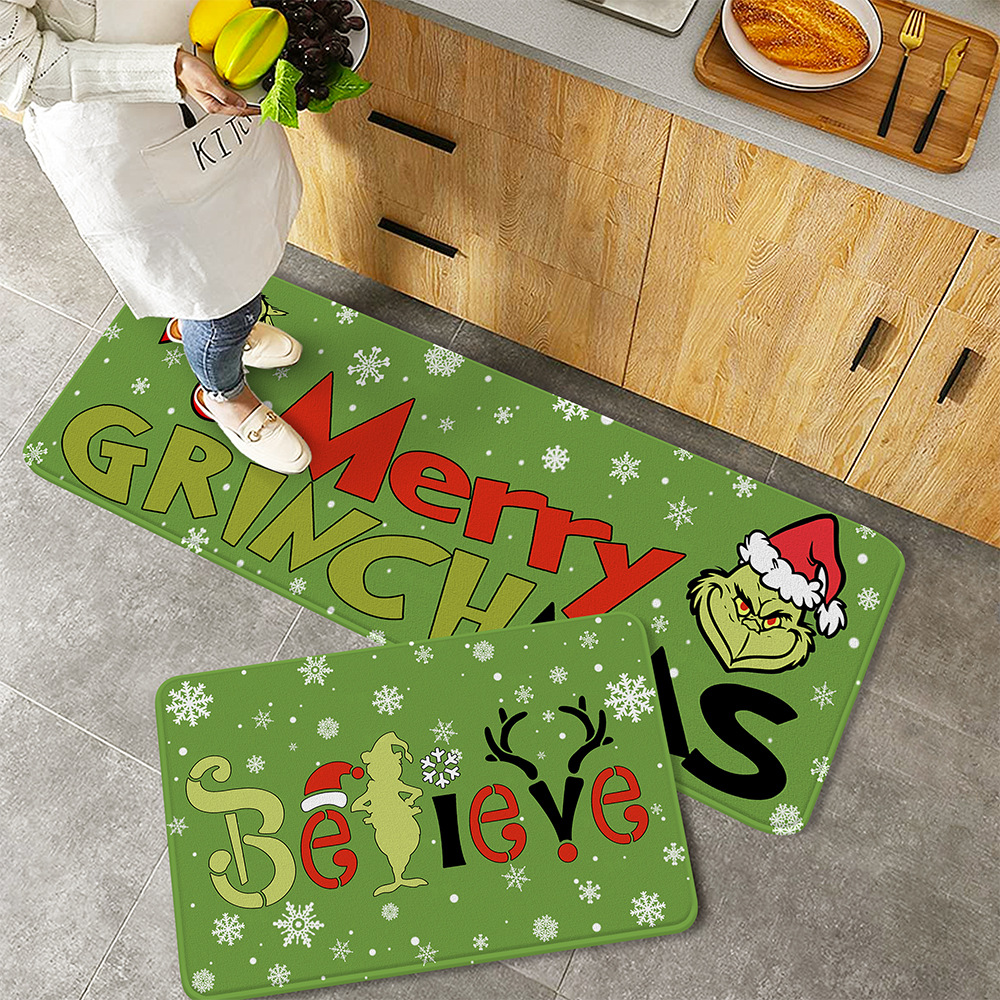 亚马逊热销圣诞怪杰grinch厨房长条地垫防滑吸水耐脏法兰绒舒适地