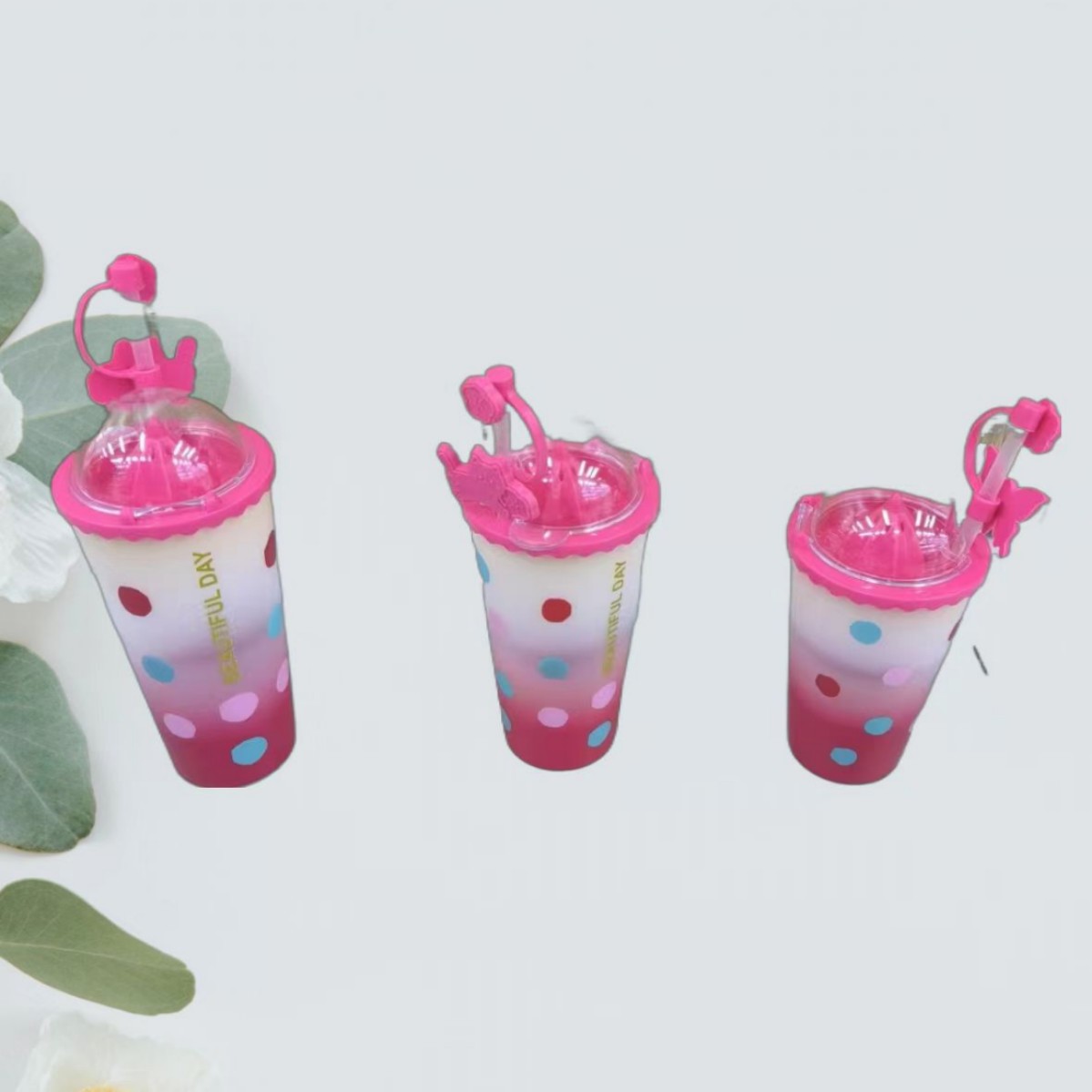 New butterfly straw cup, mouth cup, vacuum straw cup, plastic cup, can hold bubble milk tea straw cup full figure