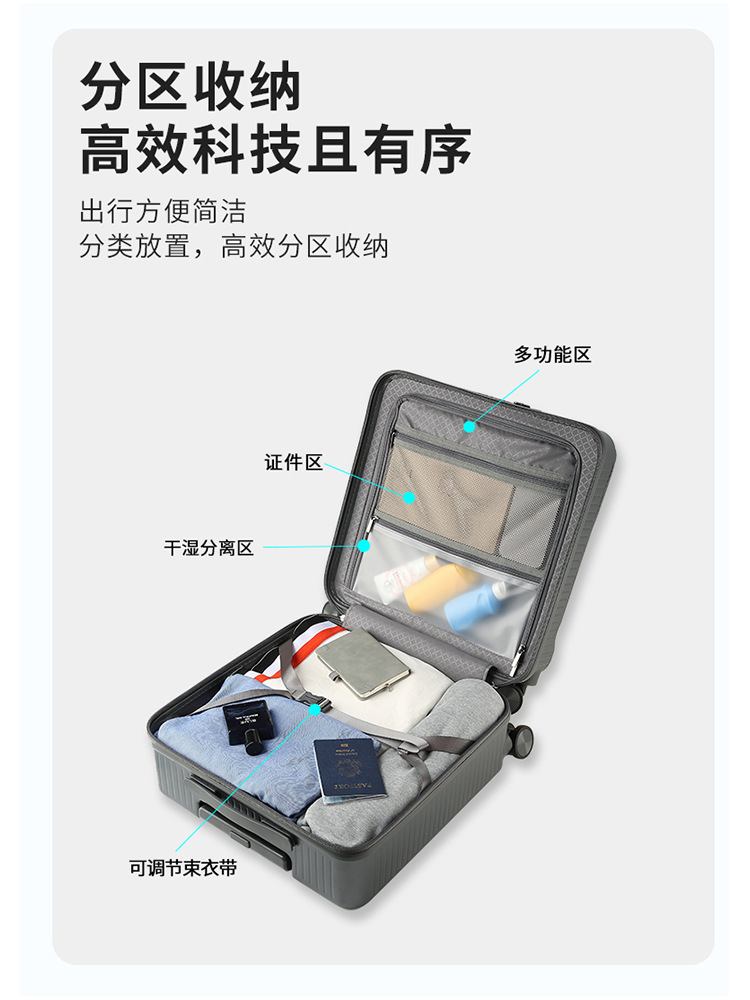 The new 18-inch front-opening carry-on suitcase from Yezi King, with swivel wheels and a USB charging port, is a male student suitcase with a handle Specification drawing