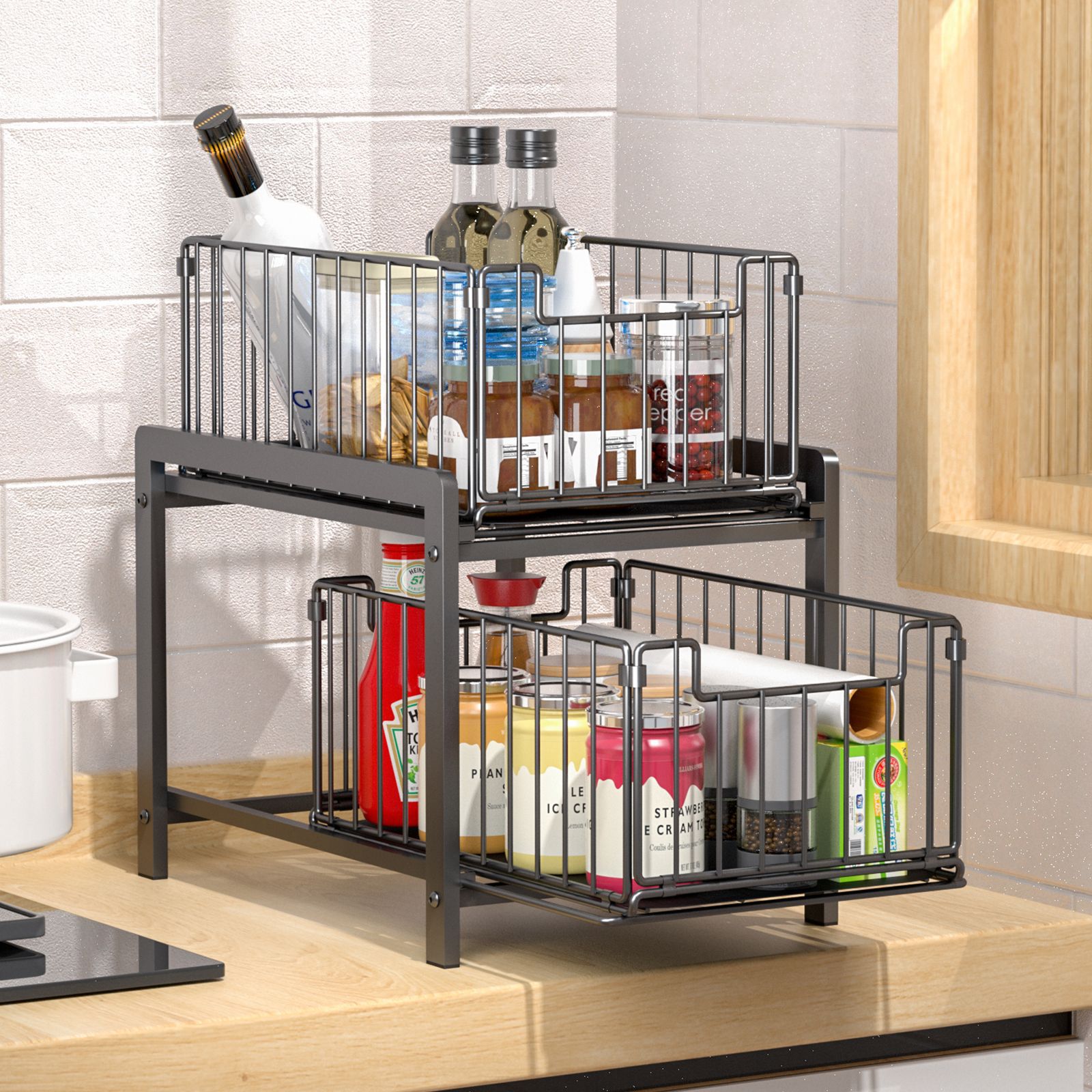 Lower sink storage rack Cabinet storage rack Multi-layer removable pull-out kitchen countertop debris sink storage rack details Picture