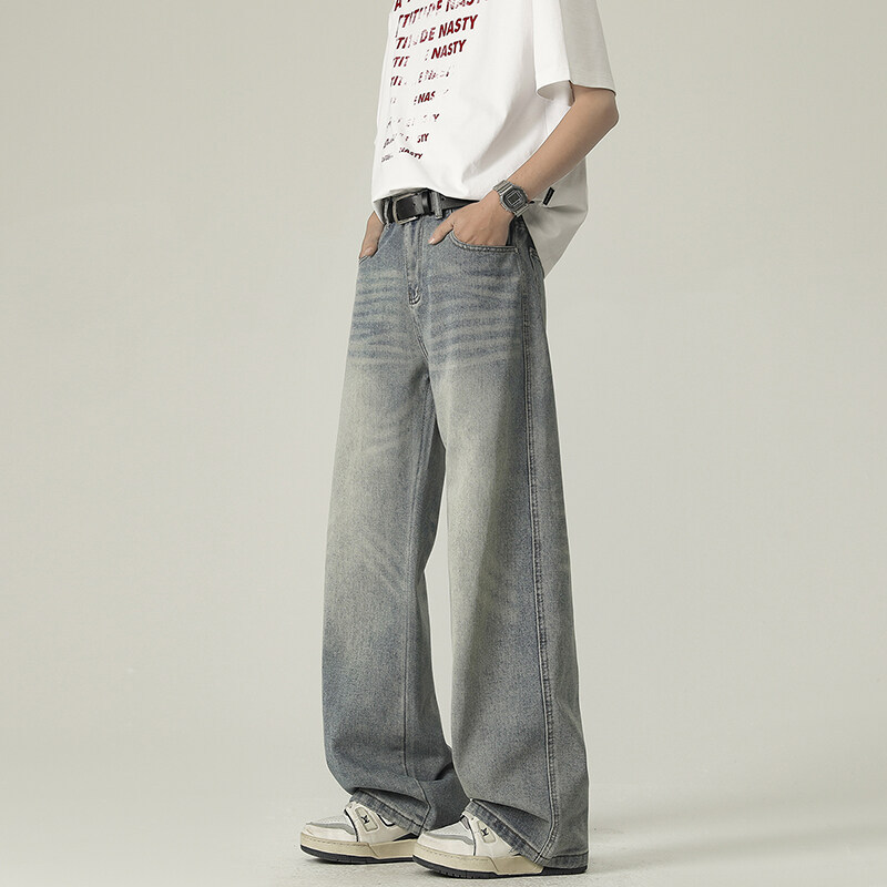 American high street jeans, men's retro loose straight-leg floor-length pants, teenagers' distressed wide-leg casual long pants Specification image