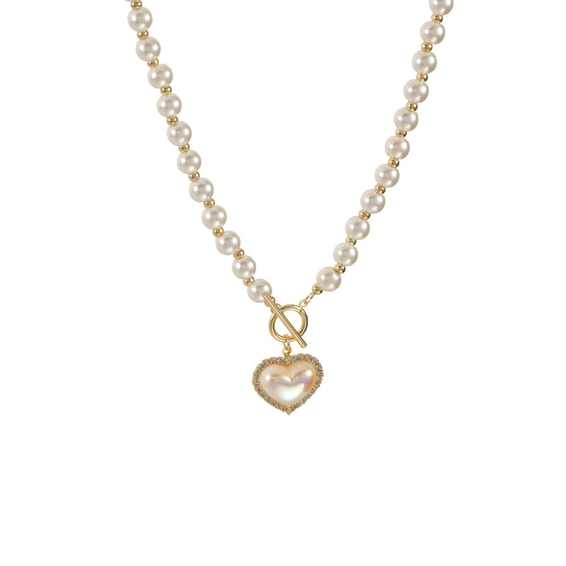 Japanese and Korean pearl heart-shaped necklace, women's real gold color retention electroplating, trendy and niche design sense, elegant collarbone chain, versatile neck chain Item Picture