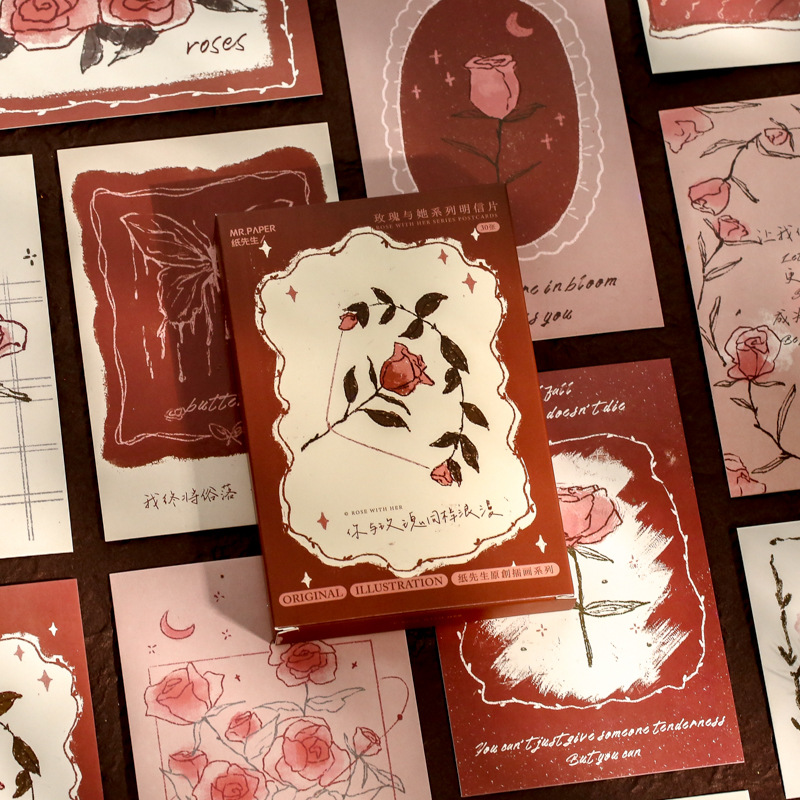 纸先生盒装明信片 玫瑰与她系列 创意ins手绘花卉手帐贺卡 30张入详情图4