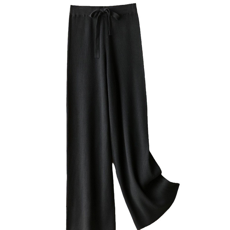 New women's wool knitted wide-leg pants for autumn and winter 2023, stretched-waist drawstring floor-length pants, loose and slimming straight-leg pants Item Picture