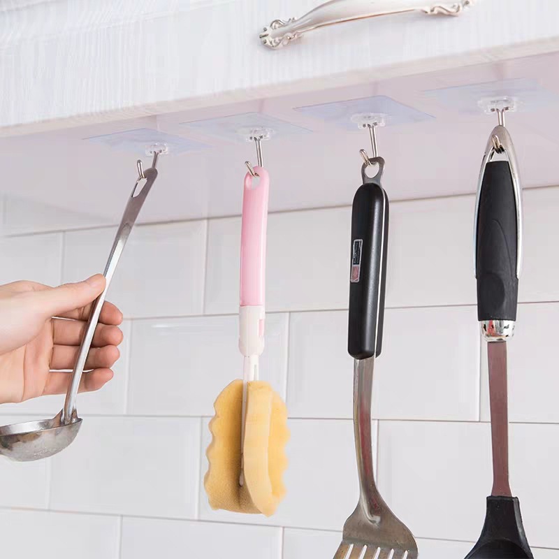 Perforation-Free Transparent Hook Multi-Functional Household Wall Traceless Sticky Hook Kitchen Bathroom Door Strong Hook Application Scenario