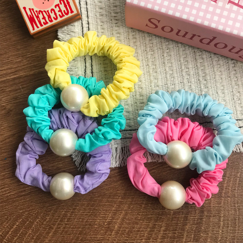 New Korean-style fluorescent color high-end large intestine hair band, internet-famous pearl fashion sense, ponytail hair tie, leather band hair accessory Specification image