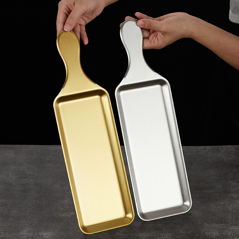 Stainless steel Western-style steak grill plate, golden sushi sashimi plating handle, pizza plate, stainless steel baking plate Specification image