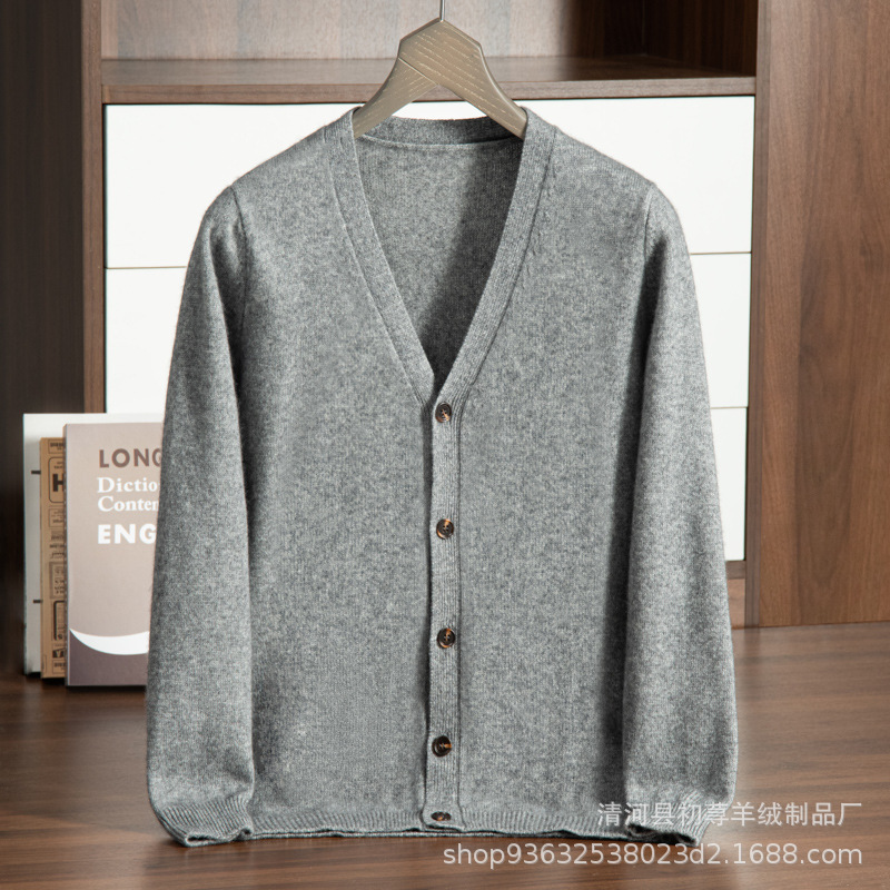 V-neck cashmere cardigan for men, simple and versatile, dad's outfit, warm base layer, light luxury cashmere knitted sweater details Picture