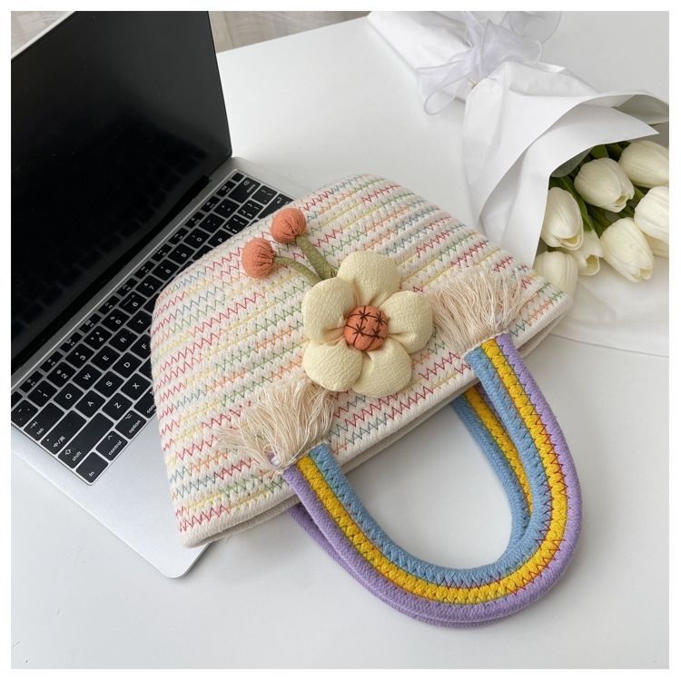 Korean-style trendy cotton rope handbag, a versatile and stylish handbag for Internet celebrities, a fresh and cute flower straw woven bag with a rainbow handle Specification image