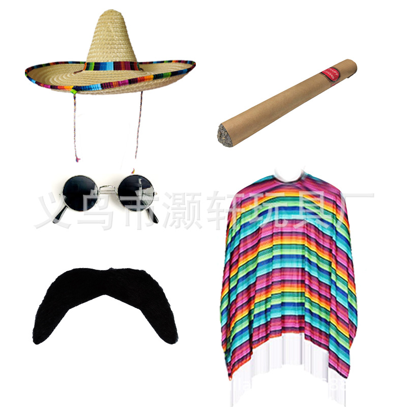 Mexican colorful striped cape fringe cape set festive non-woven lace hat beard cigar cape details Picture