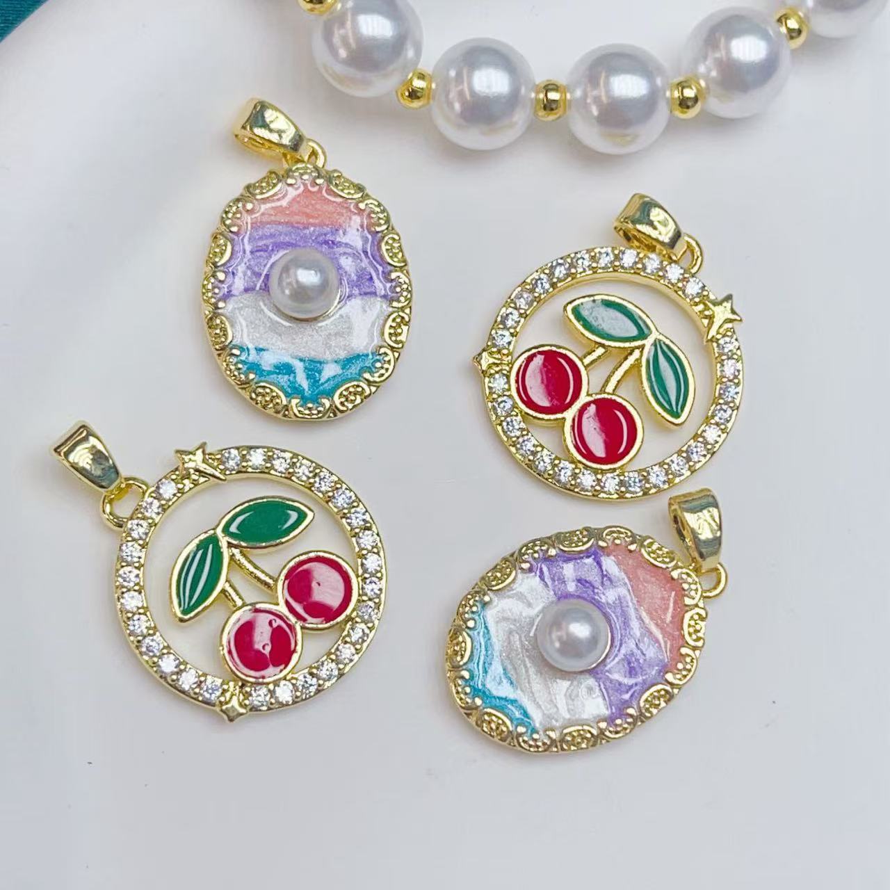 莫奈后花园油画风樱桃铜镀真金保色法式复古挂件项链diy配件