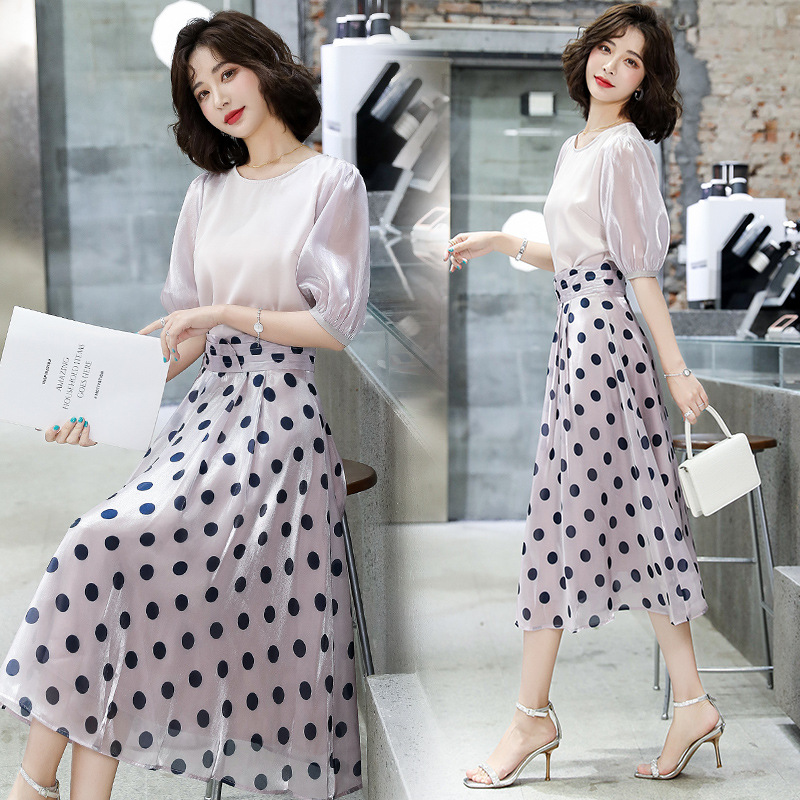 木瓜牛奶夏季新款时尚女装韩版潮流泡泡袖衬衫波点半身裙两件套潮