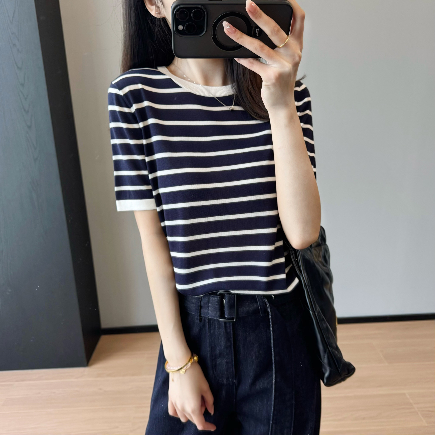 TH条纹新款~拼色简约减龄圆领条纹短袖莱赛尔羊毛针织衫T恤女夏新
